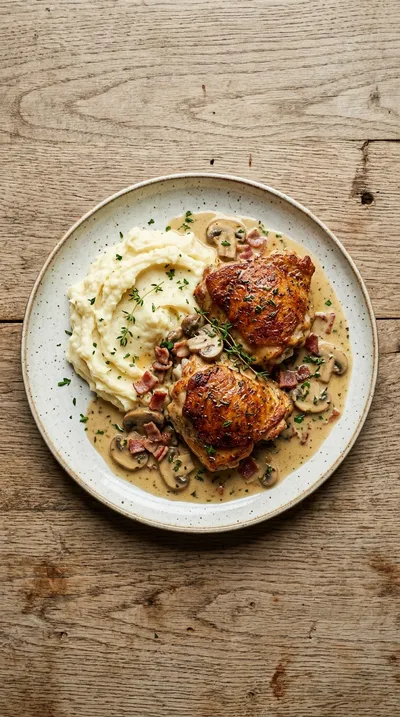 Chicken Thighs with Turkey Bacon Mushroom Thyme Sauce - cooking process
