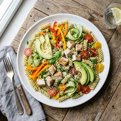 Healthy Chicken Pasta Salad with Avocado - ready to serve