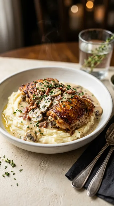 Chicken Thighs with Turkey Bacon Mushroom Thyme Sauce
