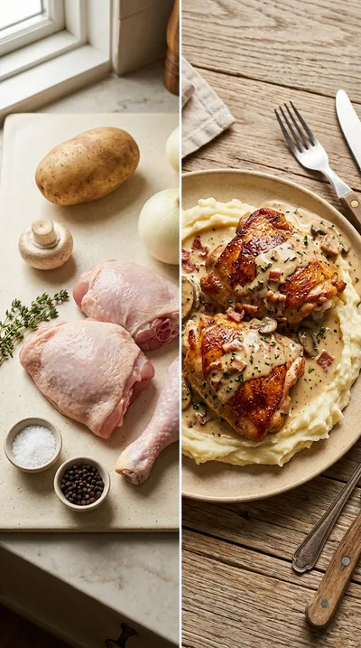 Chicken Thighs with Turkey Bacon Mushroom Thyme Sauce - ready to serve
