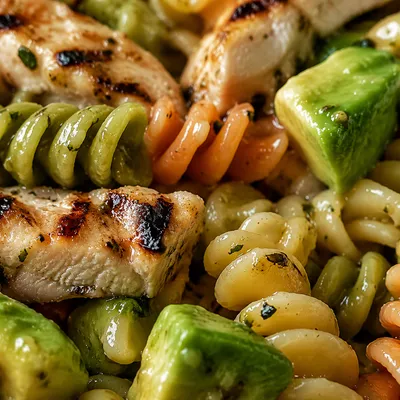 Healthy Chicken Pasta Salad with Avocado - ingredients preparation