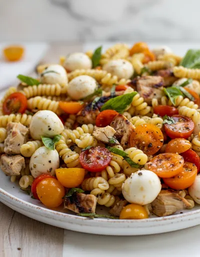 Layered Grilled Chicken Caprese Pasta Salad