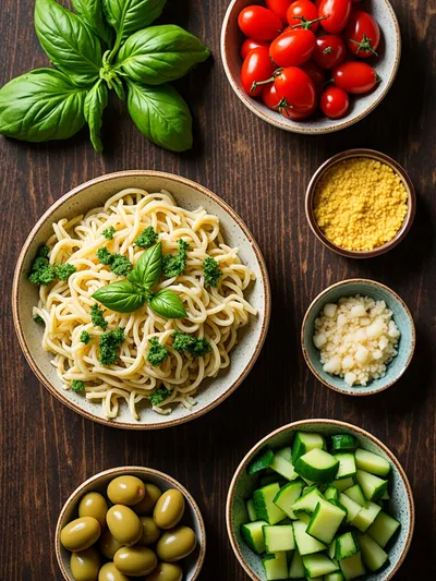 Mediterranean Pasta Salad with Pesto - ingredients preparation